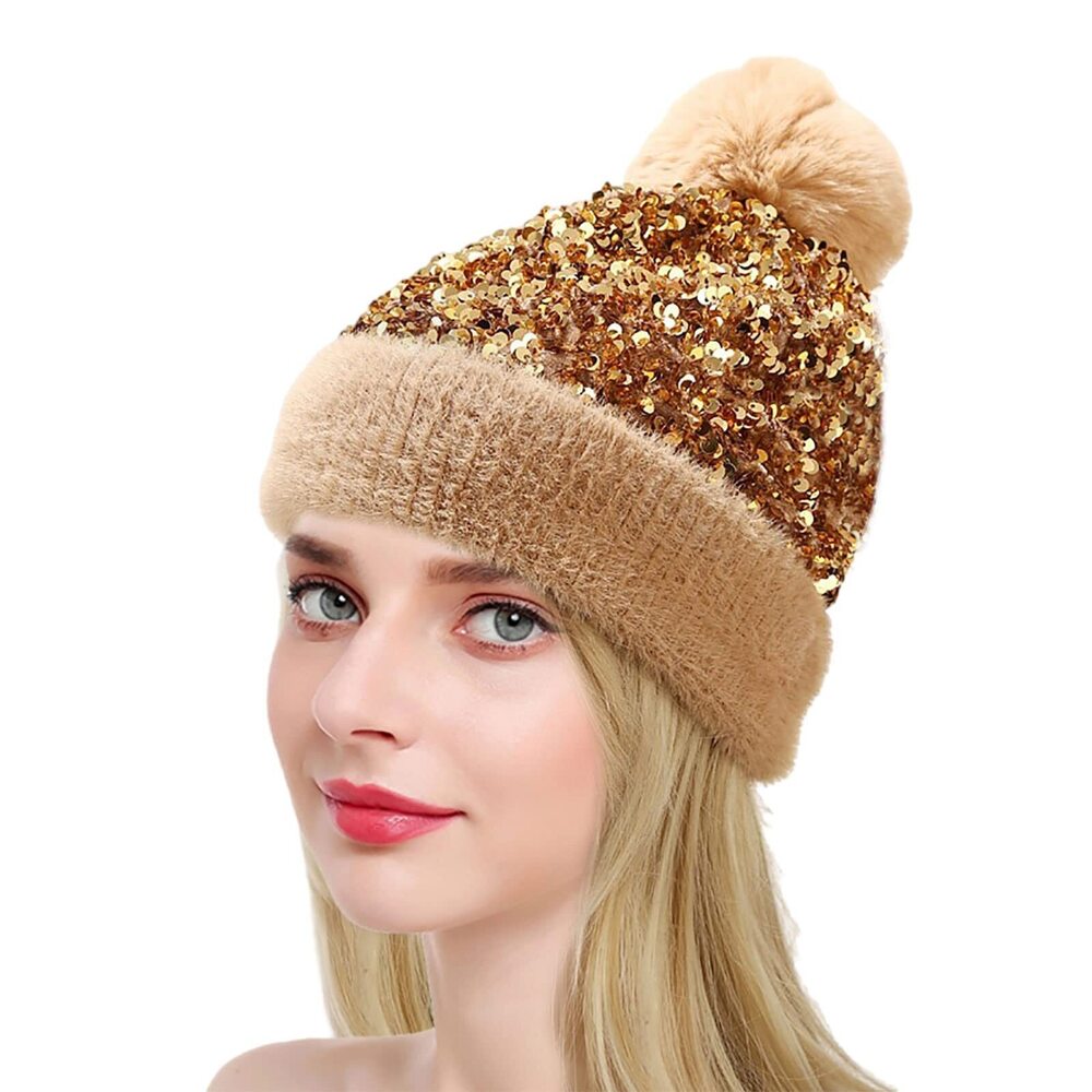 4745 Winter Hat Knitted Beanie Hat with Removable Faux Fur Pompom Sequin